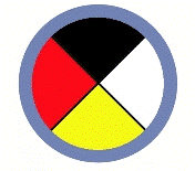 a white red black yellow mdeicine wheel encircled with a blue border